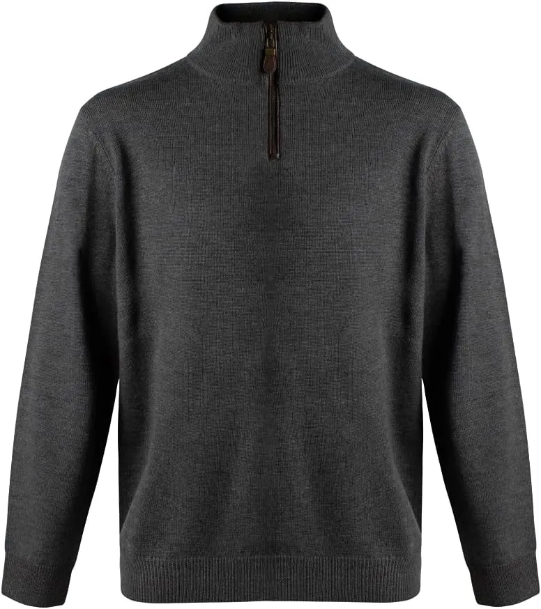 Merino Wool 1/4 Zip Placket Trim Men's Pullover Sweater, Charcoal, Large
