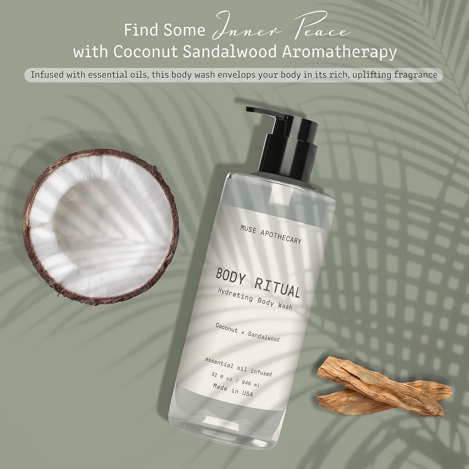 Muse Apothecary Body Ritual Hydrating - Coconut Sandalwood Body Wash for Women & Men - Essential Oil Infused Aromatherapy Body Wash - 32 Ounce, 2 Pack
