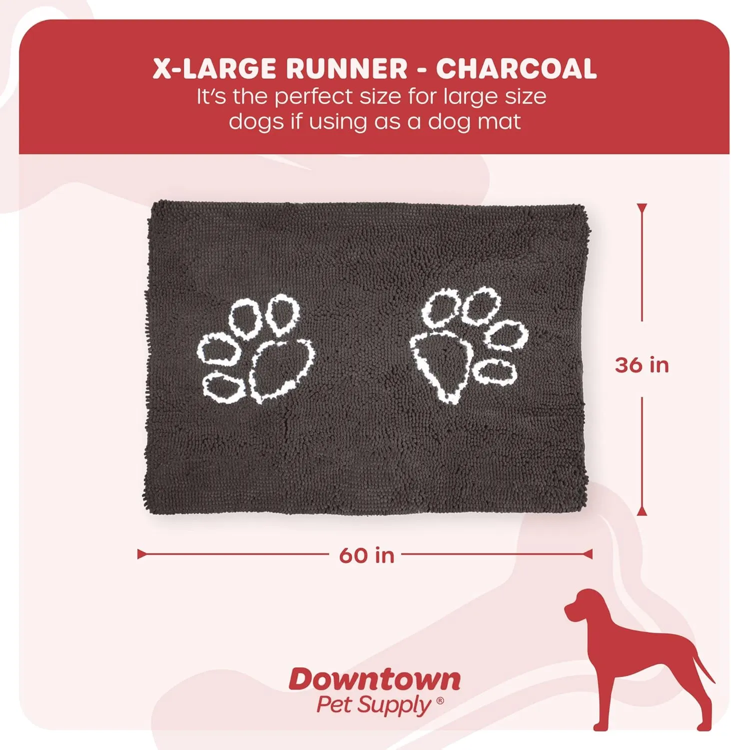 My Doggy Place Microfiber Dog Mat for Muddy Paws, 60" x 36" Charcoal with Paw Print - Non-Slip, Absorbent and Quick-Drying Dog Paw Cleaning Mat, Washer and Dryer Safe - X-Large/Runner