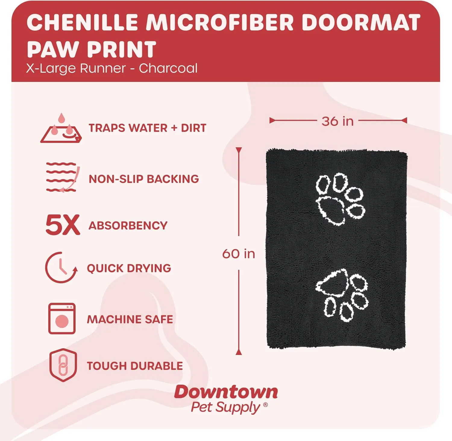 My Doggy Place Microfiber Dog Mat for Muddy Paws, 60" x 36" Charcoal with Paw Print - Non-Slip, Absorbent and Quick-Drying Dog Paw Cleaning Mat, Washer and Dryer Safe - X-Large/Runner