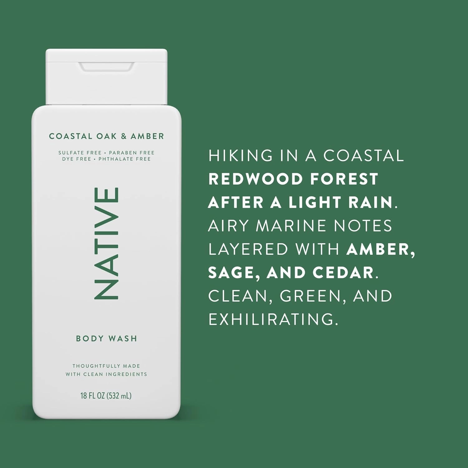 Native Body Wash Contains Naturally Derived Ingredients | For Women & Men, Sulfate, Paraben, & Dye Free Leaving Skin Soft and Hydrating | Coastal Oak & Amber 18 oz - 2 Pk