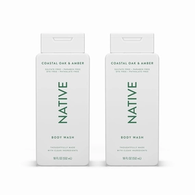 Native Body Wash Contains Naturally Derived Ingredients | For Women & Men, Sulfate, Paraben, & Dye Free Leaving Skin Soft and Hydrating | Coastal Oak & Amber 18 oz - 2 Pk