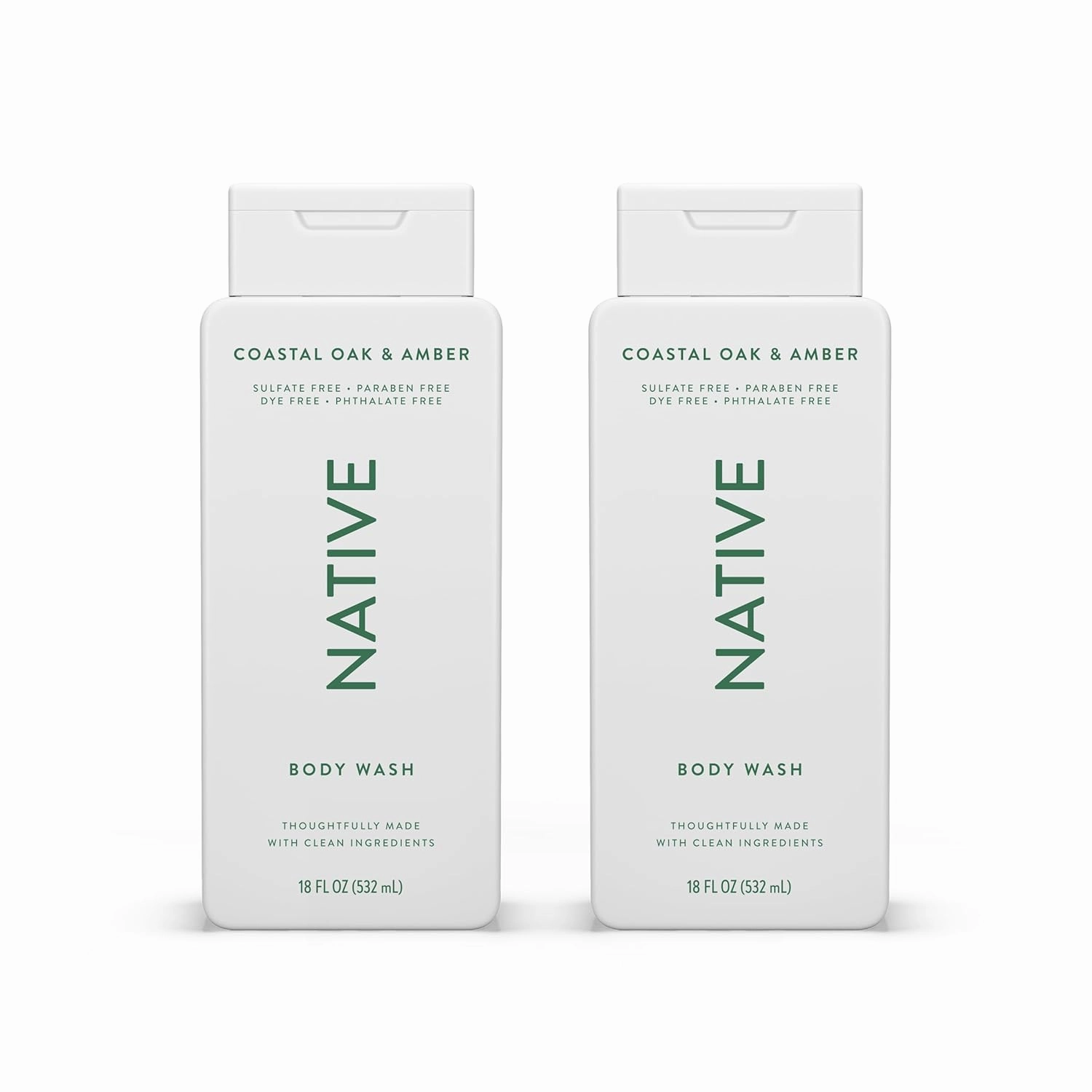 Native Body Wash Contains Naturally Derived Ingredients | For Women & Men, Sulfate, Paraben, & Dye Free Leaving Skin Soft and Hydrating | Coastal Oak & Amber 18 oz - 2 Pk