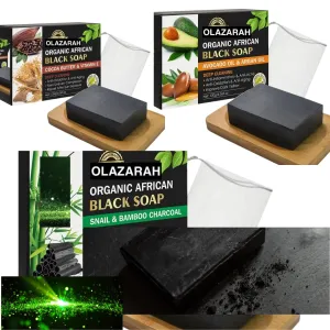Natural African Black Soap with Avocado & Argan Oil, Bamboo Charcoal, Cocoa Butter Moisturizing, Brightening,Toning, and Anti-Freckle, (3pks), 4 oz
