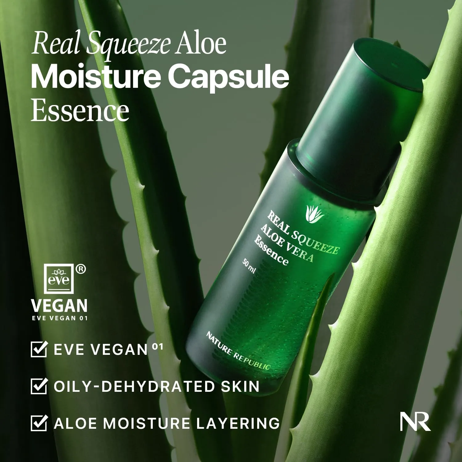 Nature Republic Real Squeeze Aloe Vera Essence (Not Tested on Animals) - Hydrating calming Facial Moisturizer, Natural Vegan 50ml / 1.69 Fl Oz