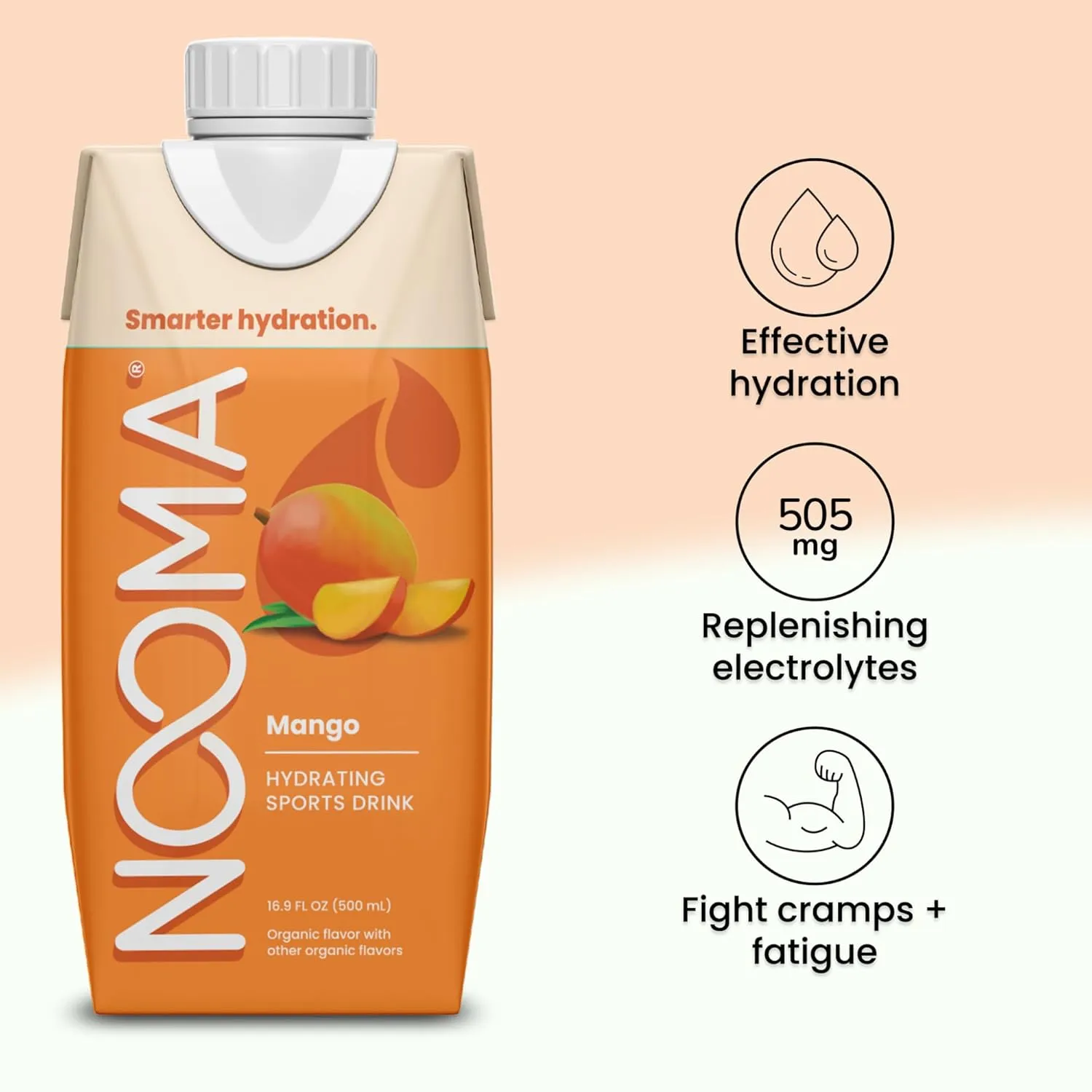 NOOMA - Hydrating Sports Drink - Electrolyte Drink with Organic Coconut Water - Organic & No Added Sugars - Rapid Hydration - 30 Calories & 505mg Electrolytes - Mango - 12 Pack (16.9oz each)