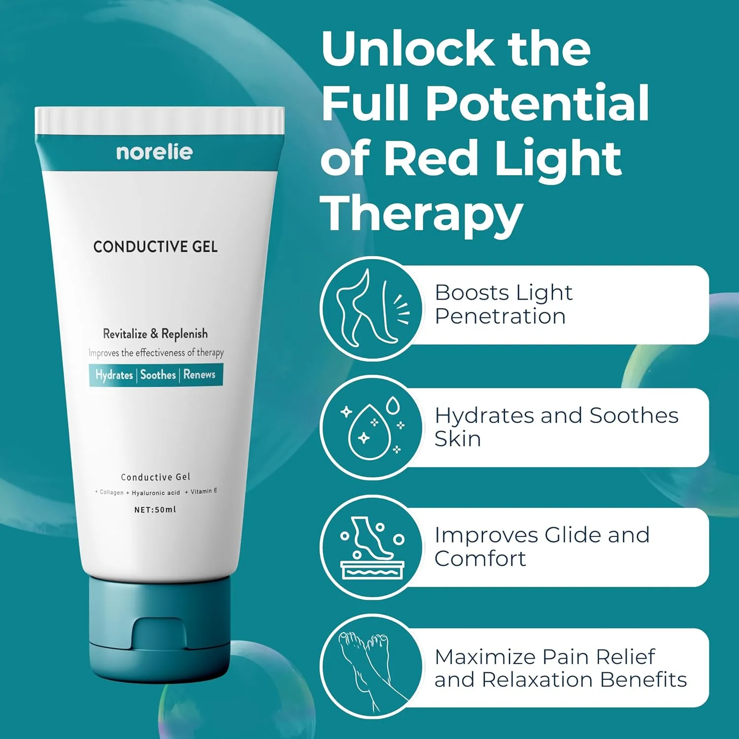 Norelie Conductive Gel for RedRevive Cold Laser Therapy Wand - Activator Serum for Red Light Therapy, Hydrating, Non-Sticky Gel for Face and Body, 50ml, Pack of 3