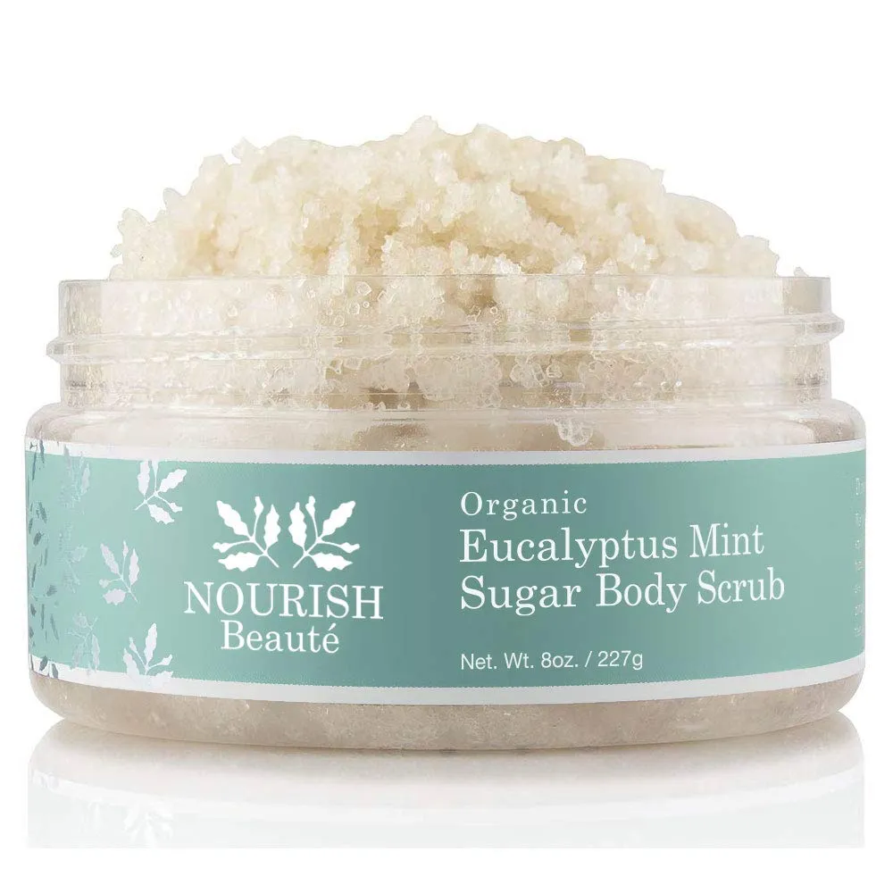 Nourish Beaute Organic Sugar Body Scrub for Exfoliation and Cellulite, Hydrates and Moisturizes Skin while Improving Skin Tone and Texture, 8 oz Eucalyptus Mint