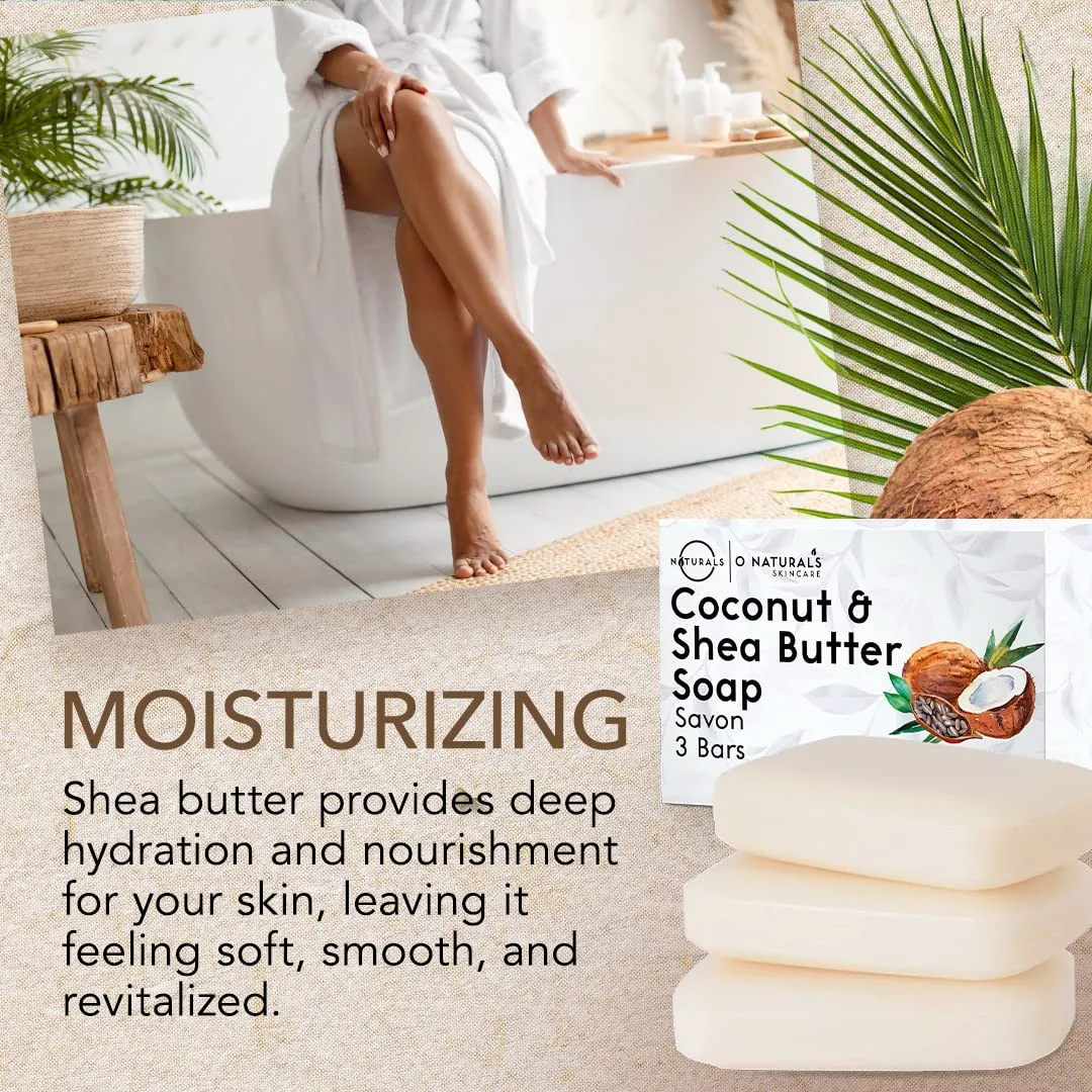 O NATURALS 3-Pack Organic Coconut & Shea Butter Soap Bar 4oz each Set - 100% Vegan Cold Process Bar Soap Scented Premium Essential Handmade Soap - Natural Soap for Men Women, Face, Body
