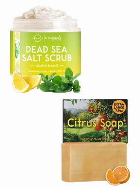 O Naturals Lemon and Mint Scrub & 1pc Citrus Soap Bundle - Exfoliating Lemon Oil Dead Sea Salt Deep-Cleansing Face & Body Scrub, Organic & Natural Soap for Men & Women, Citrus Mens Soap