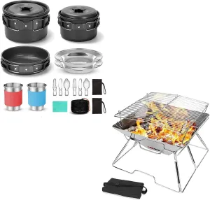 Odoland 15pcs Camping Cookware Mess Kit and Folding Campfire Grill for Outdoor Backpacking Hiking BBQ
