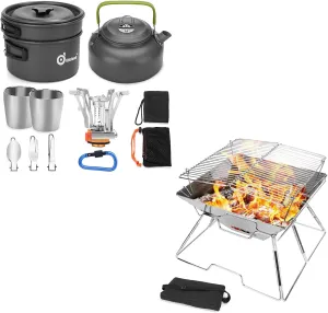 Odoland Bundle – 2 Items 12pcs Camping Cookware Mess Kit with Mini Stove and Folding Campfire Grill for Outdoor Backpacking Hiking BBQ