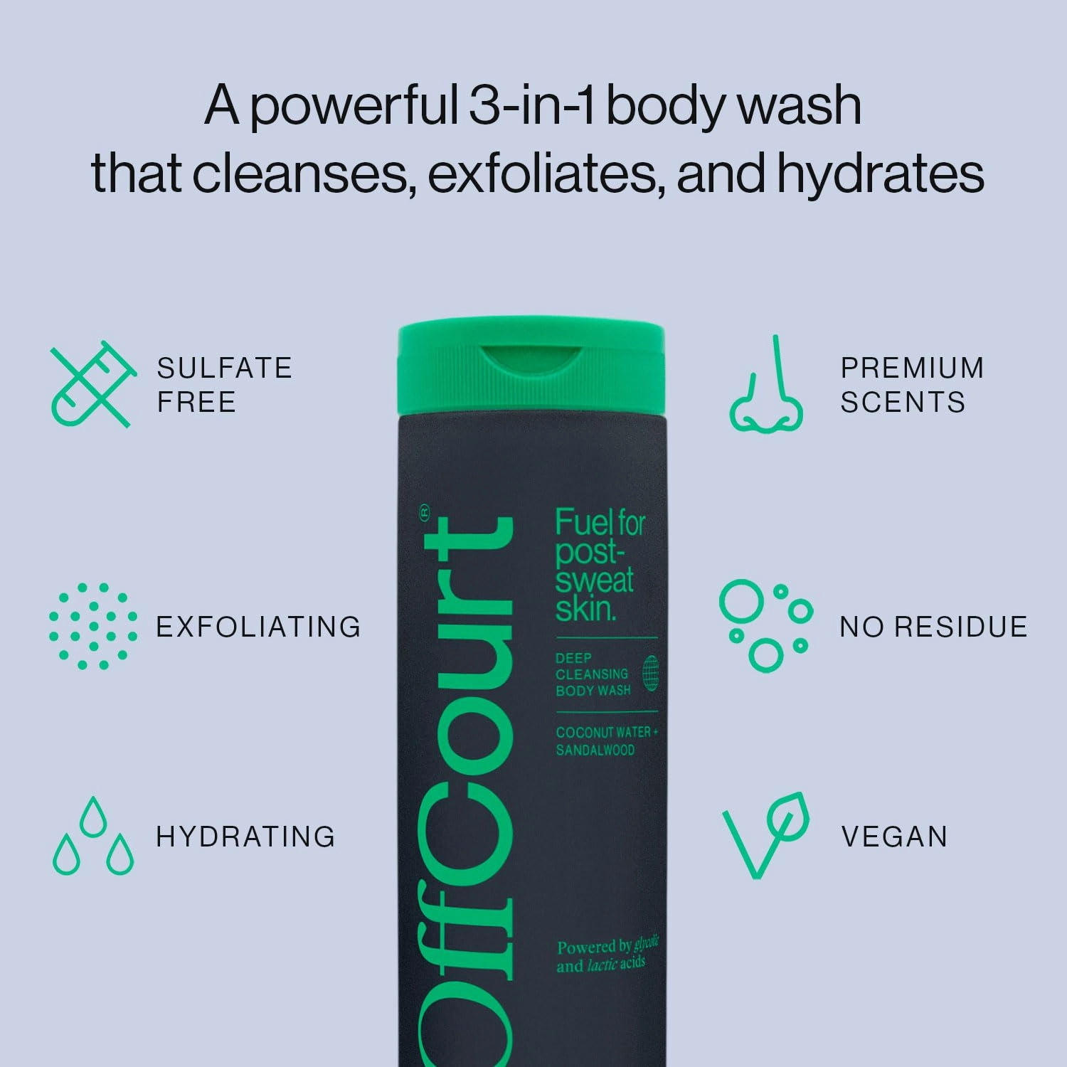 OffCourt Sulfate-Free Body Wash for Men & Women - Non-Drying Exfoliator with Glycolic & Lactic Acids Leaves Skin Fresh & Smooth with Coconut Water and Sandalwood Scent, 14 Fl. Oz (Pack of 1)