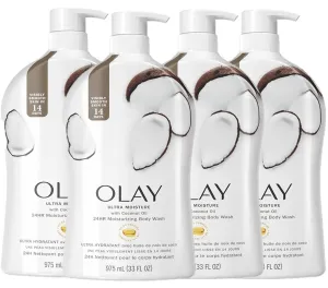 Olay Body Wash for Women, Ultra Moisture, 24hr Moisturizing, Hydrating & Refreshing, B3 Vitamin Complex, Free of Parabens & Phthalates, For All Skin Types, Coconut Oil Scent, 33 fl oz (Pack of 4)