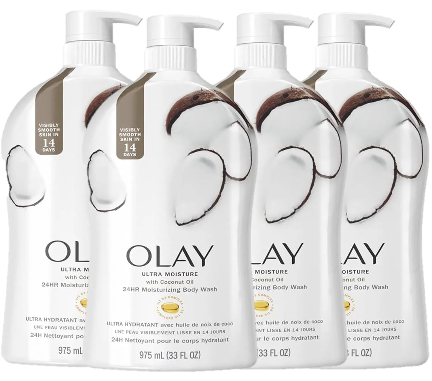 Olay Body Wash for Women, Ultra Moisture, 24hr Moisturizing, Hydrating & Refreshing, B3 Vitamin Complex, Free of Parabens & Phthalates, For All Skin Types, Coconut Oil Scent, 33 fl oz (Pack of 4)
