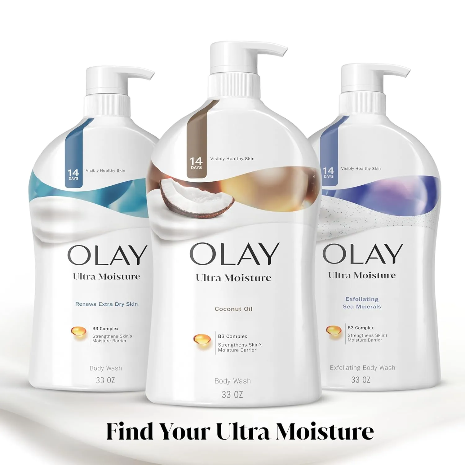 Olay Body Wash for Women, Ultra Moisture, 24hr Moisturizing, Hydrating & Refreshing, B3 Vitamin Complex, Free of Parabens & Phthalates, For All Skin Types, Coconut Oil Scent, 33 fl oz (Pack of 4)