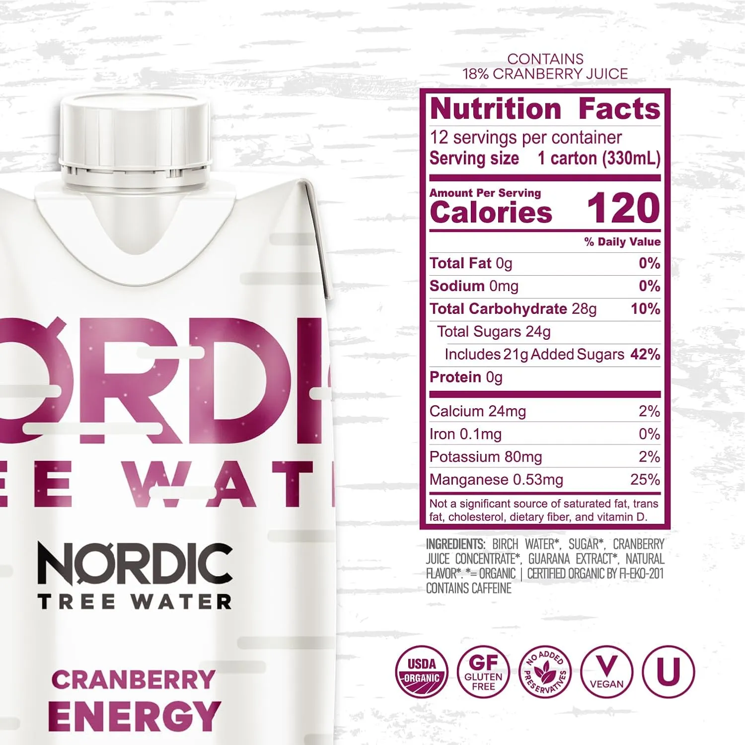 Organic Birch Tree Water ENERGY - Natural Electrolytes & Antioxidants, Sustainably Harvested in Finland, BPA-Free Tetra Pak, Hydrating Superdrink (Pack of 12)