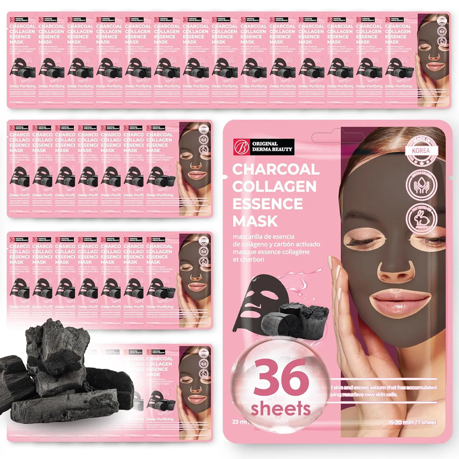 Original Derma Beauty Collagen Face Masks 36 PK Vegan Ultra Moisturizing Face Masks Skincare Sheet Masks Set for Beauty & Personal Care Korean Face Mask (Charcoal)