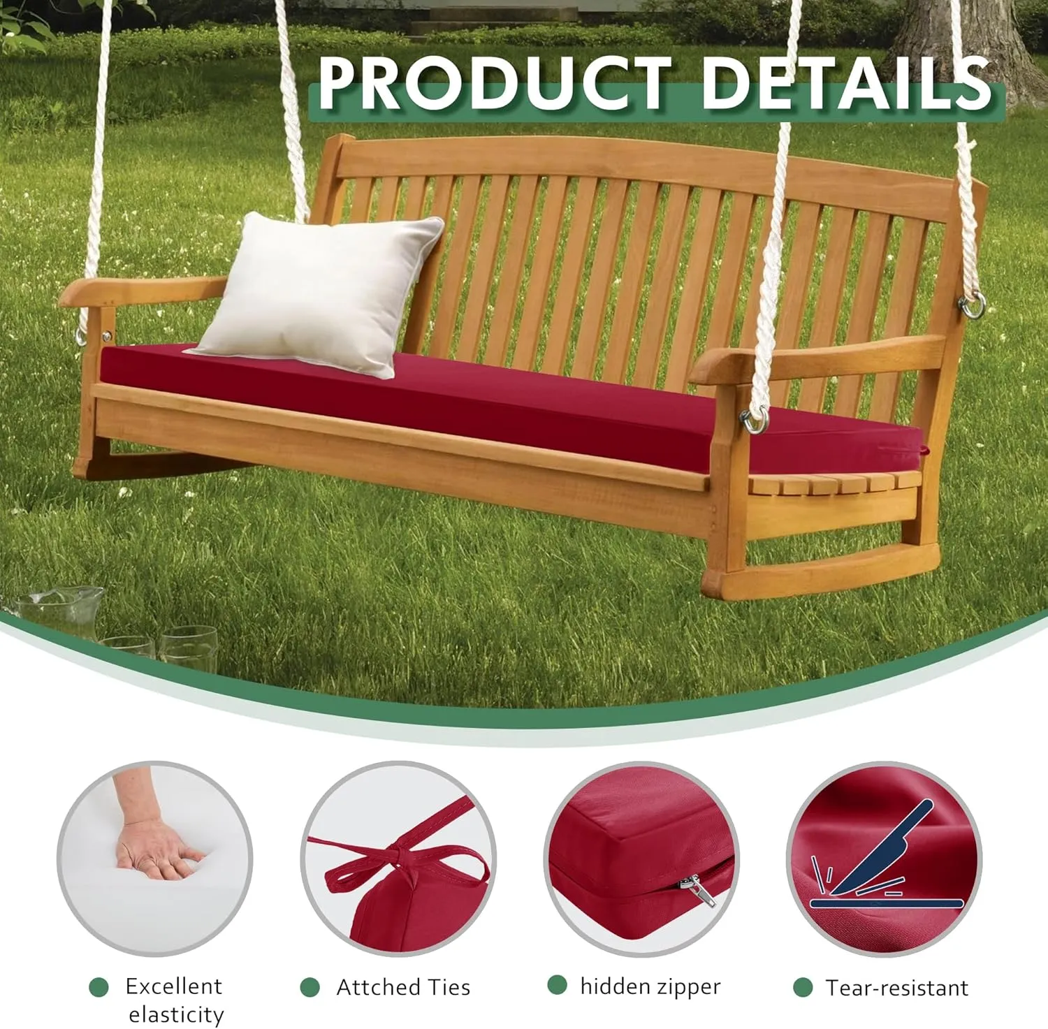 Outdoor Bench Cushion: Waterproof and Fade Resistant Patio Furniture Cushions - Non-Slip Bench Pad Cushion with Removable Cover for Garden Swing Porch Sofa Settee, 48 x 18 x 3 Inch, Burgundy