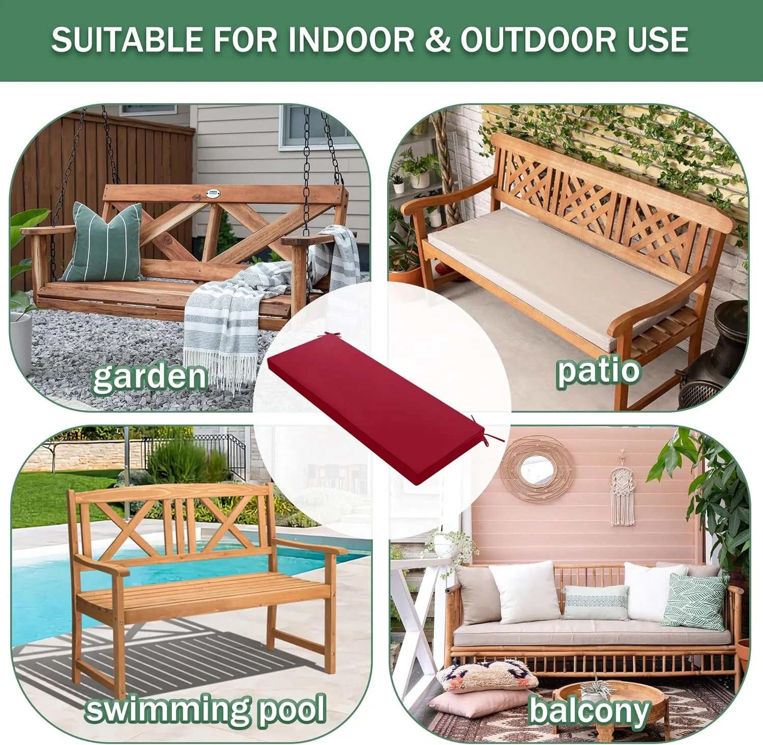 Outdoor Bench Cushion: Waterproof and Fade Resistant Patio Furniture Cushions - Non-Slip Bench Pad Cushion with Removable Cover for Garden Swing Porch Sofa Settee, 48 x 18 x 3 Inch, Burgundy