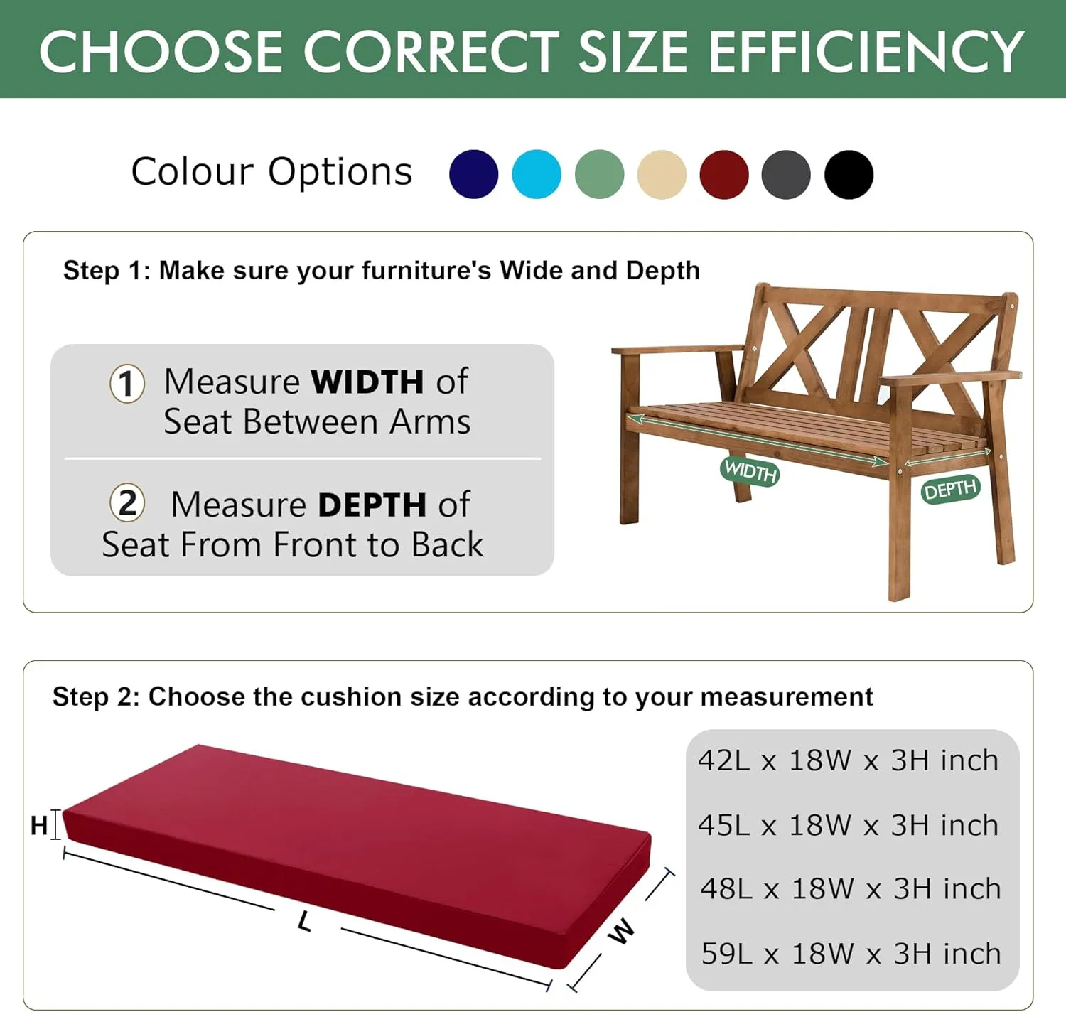 Outdoor Bench Cushion: Waterproof and Fade Resistant Patio Furniture Cushions - Non-Slip Bench Pad Cushion with Removable Cover for Garden Swing Porch Sofa Settee, 48 x 18 x 3 Inch, Burgundy