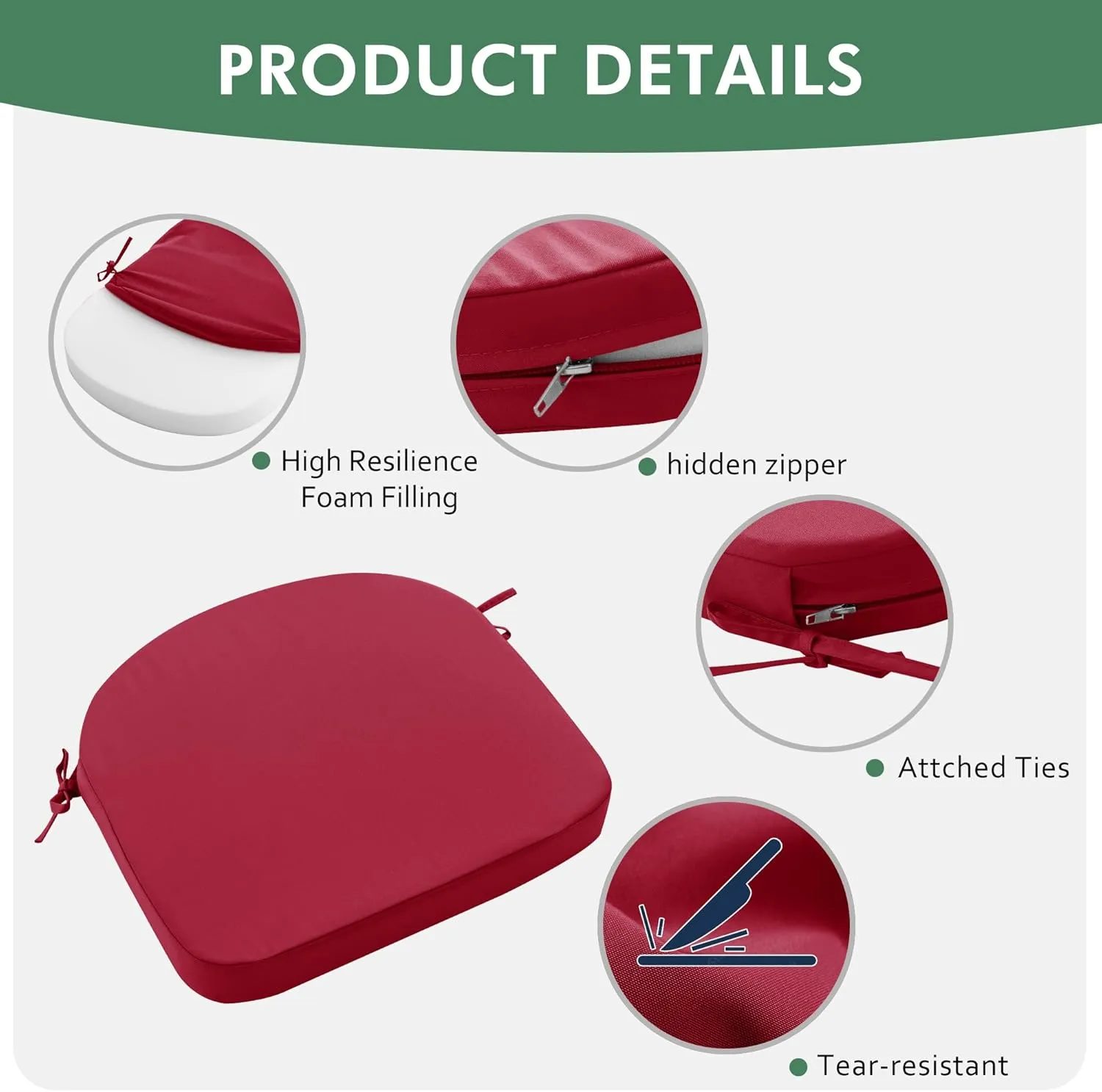 Outdoor Chair Cushions Set of 4: Waterproof & Fade Resistant Patio Furniture Cushions - 17 x 16 x 2 Inch Non Slip Round Corner Seat Cushion Pads with Removable Cover for Garden Yard Lawn, Burgundy