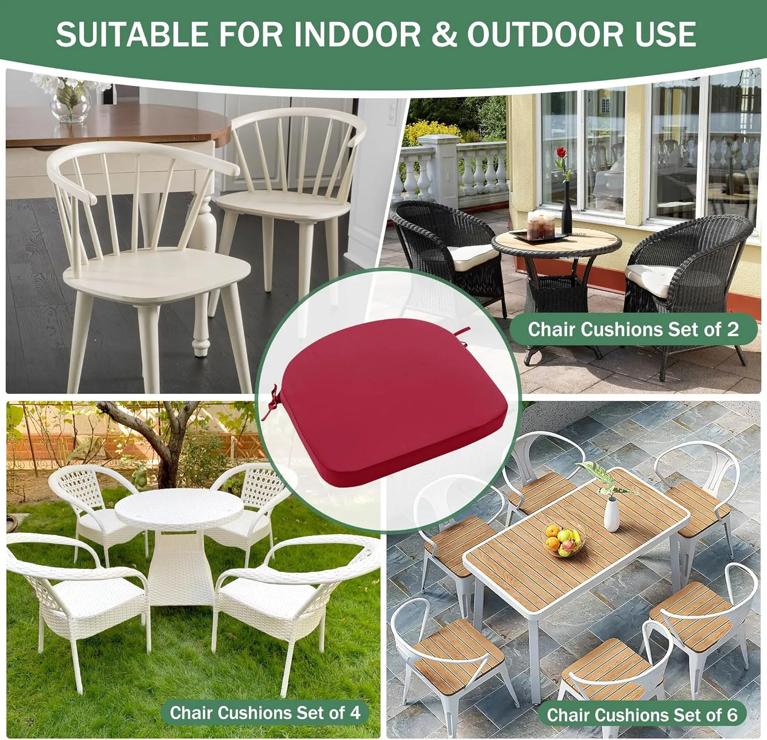 Outdoor Chair Cushions Set of 4: Waterproof & Fade Resistant Patio Furniture Cushions - 17 x 16 x 2 Inch Non Slip Round Corner Seat Cushion Pads with Removable Cover for Garden Yard Lawn, Burgundy