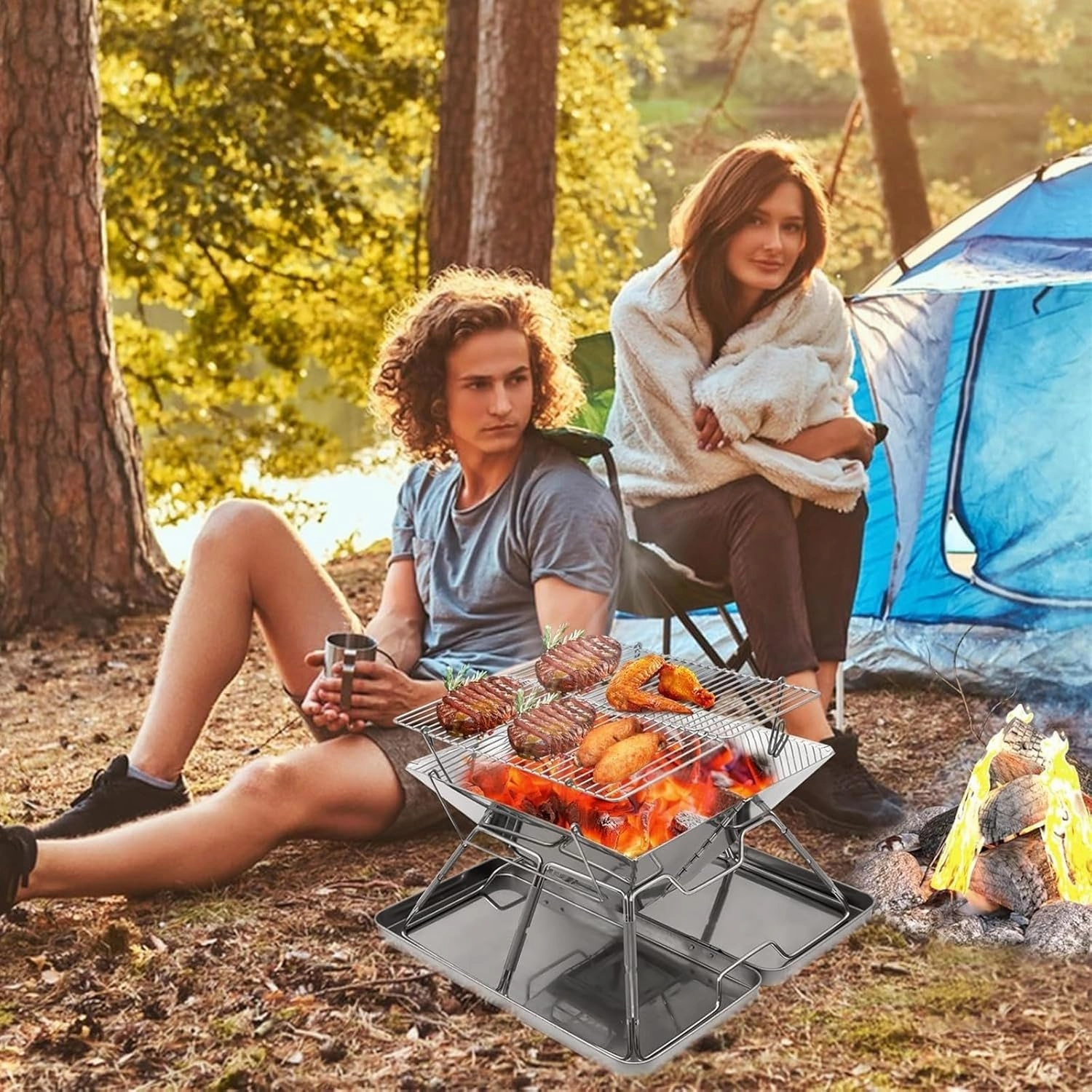 Outdoor Picnic Stainless Steel Barbeque Grill Portable Camping Grill for Backpacking Hiking Travel Picnic Outdoor Grill