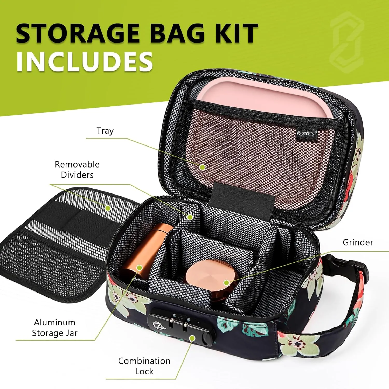 OZCHIN Large Smell Proof Bag with Combination Lock Odor Proof Lock Box Travel Storage Case Activated Charcoal Bag Great Christmas Gift (Flower)