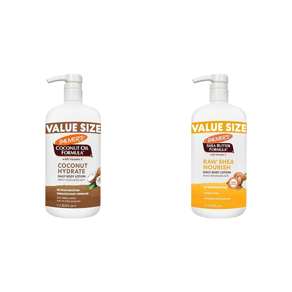 Palmer's Coconut Oil Formula Body Lotion for Dry Skin & Shea Formula Raw Shea Body Lotion for Dry Skin, Hand & Body Moisturizer, Value Size Pump Bottle, 33.8 Ounces (Pack of 1)