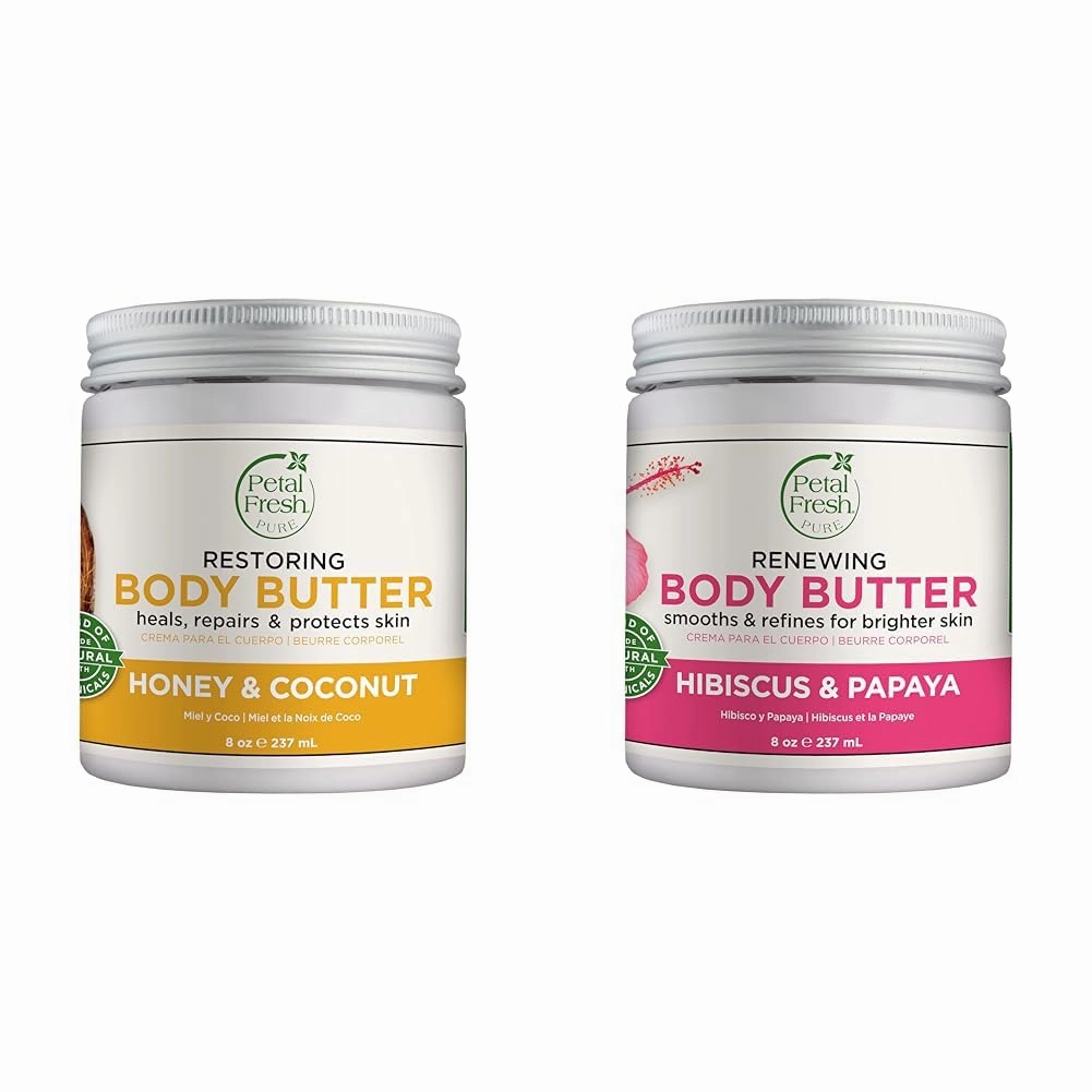 Petal Fresh Restoring Body Butter with Honey & Coconut Oil and Renewing Hibiscus & Papaya Body Butter Bundle, 8oz Each
