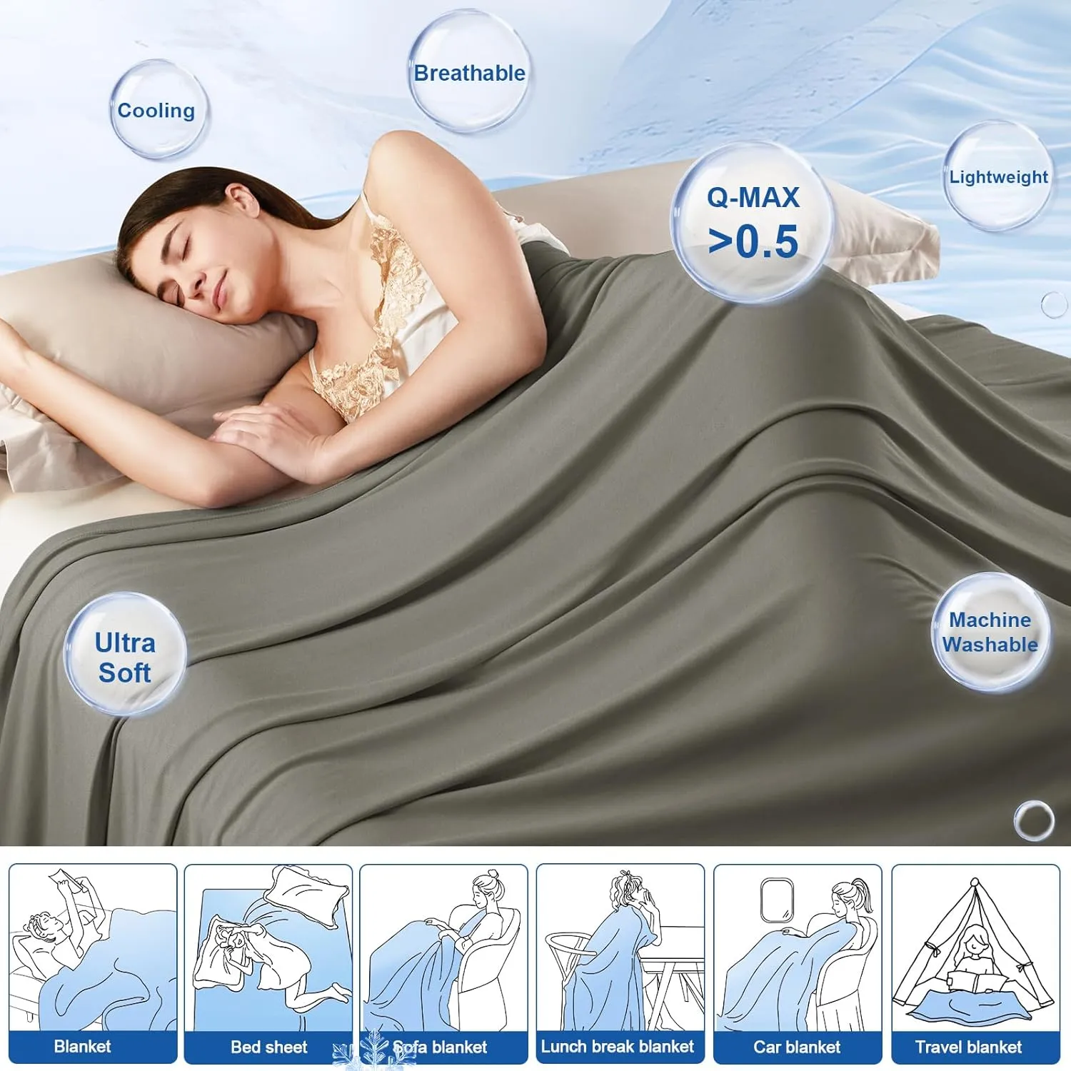 PHF Reversible Double Cooling Blanket Twin Size,Soft Arc-Chill Q-Max>0.5 Thin Summer Throw for Hot Sleeper,Breathable Lightweight Portable Silky Single Layer for Home Office Travel Car,Charcoal