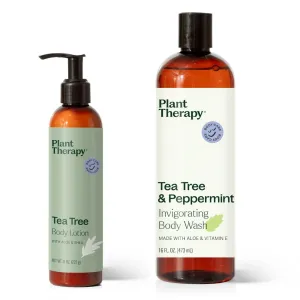 Plant Therapy Tea Tree Body Lotion with Aloe and Shea 8 oz & Tea Tree and Peppermint Essential Oil Natural Body Wash 16 oz For all Skin Types, Sulfate Free Body Wash, For Men or Women