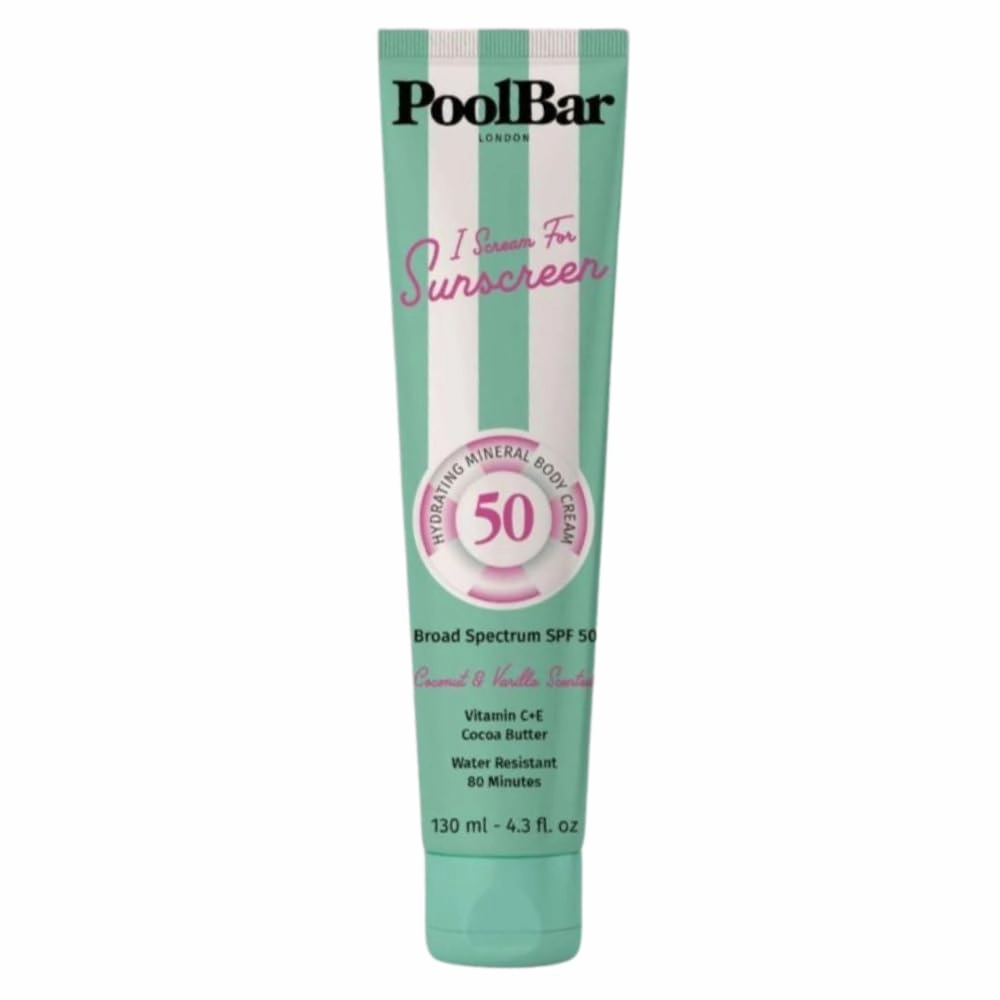 PoolBar SPF 50 Hydrating Mineral Body Sunscreen Cream for Women Skin Care - Coconut Vanilla Scent, Vegan and Water Resistant, Broad Spectrum Sunscreen, 130 ml (4.3 Fl. Oz)