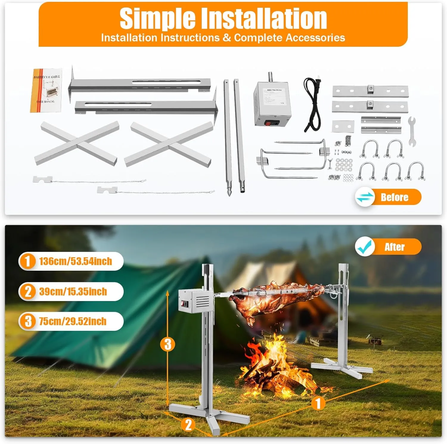 Portable Barbecue Charcoal Grill, Adjustable Height 360° Rotating Barbecue Grill for Camping, Picnic, Backyard, Outdoor Cooking