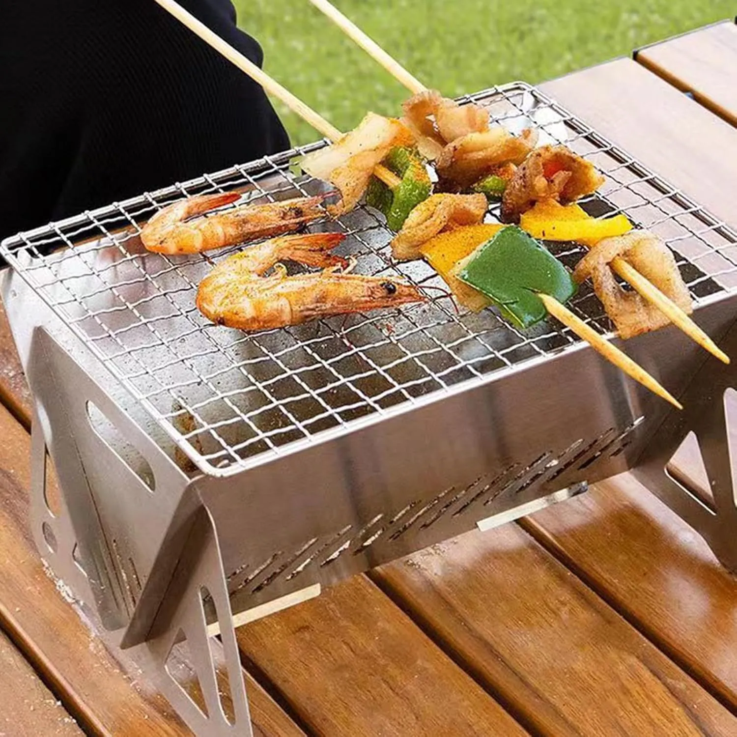 Portable Charcoal Grill - Stainless Steel Backpacking Stove for Outdoor Barbecue Wood Burning, Lightweight & Folding BBQ Grill with Air Ventilation for Camping, Picnics, and Backyard Cooking L