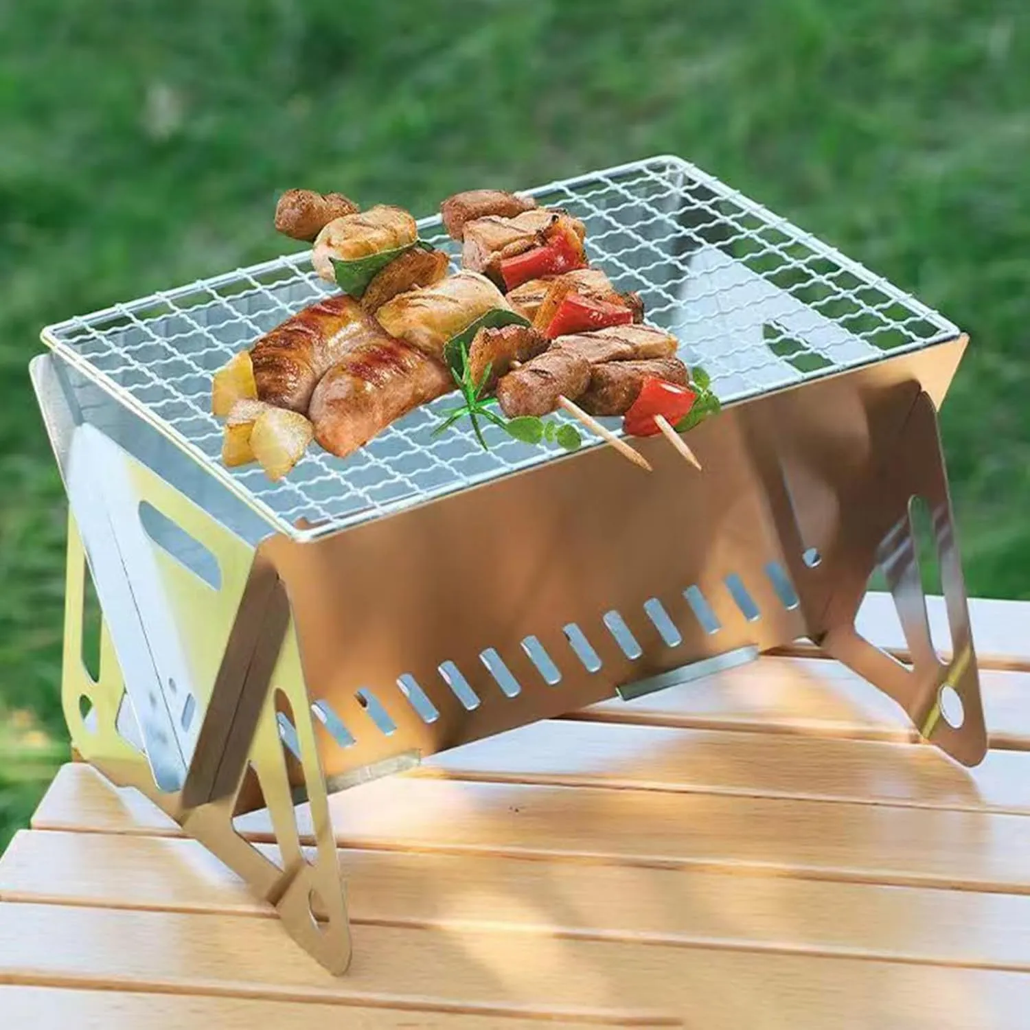 Portable Charcoal Grill - Stainless Steel Backpacking Stove for Outdoor Barbecue Wood Burning, Lightweight & Folding BBQ Grill with Air Ventilation for Camping, Picnics, and Backyard Cooking L