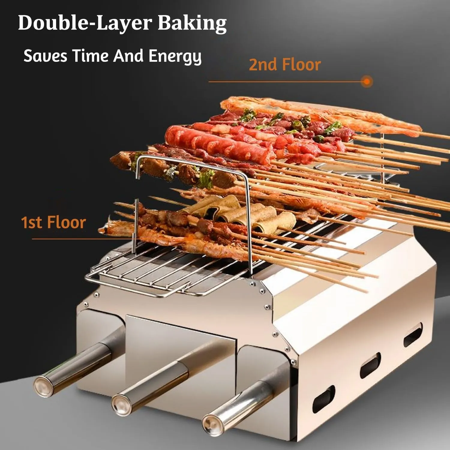Portable Charcoal Grill with Pull-Out Charcoal Basin, Stainless Steel BBQ Grill, Compact Camping BBQ with Charcoal Clip, Skewers, for Camping, Party, Backyard(56 * 26.0cm/22 * 10.2in)