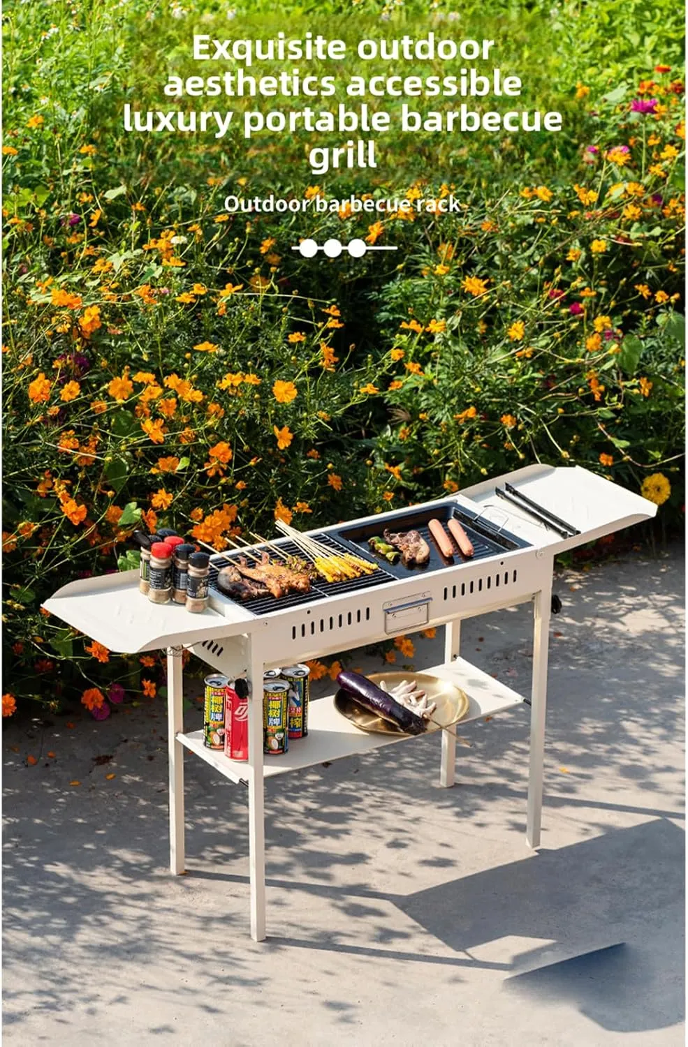 Portable Charcoal Grills Storage Rack Foldable Extra Large Stainless Steel Kabob Grill for Outdoor Cooking Picnic Camping Commercial Use (silvery,With storage board)