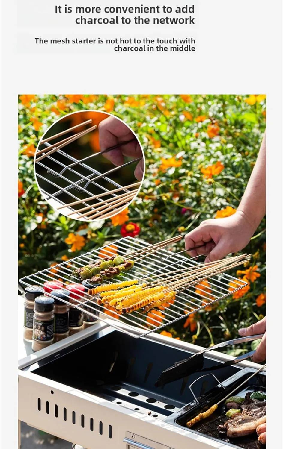 Portable Charcoal Grills Storage Rack Foldable Extra Large Stainless Steel Kabob Grill for Outdoor Cooking Picnic Camping Commercial Use (silvery,With storage board)