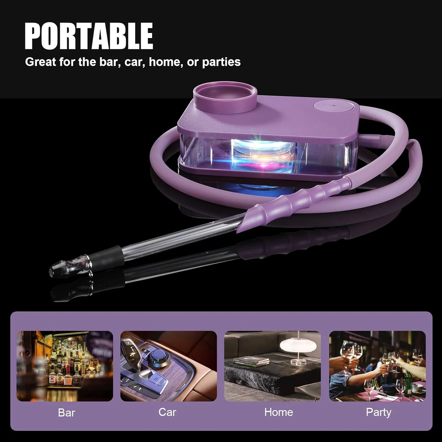 Portable Hookah Set With Modern Textured Base, 2 types of handles   travel cigarette holder Remoted LED Light  Charcoal Holder & Coal Cover Narguile Accessories
