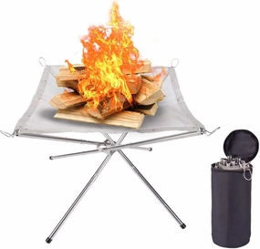 Portable Camping Fire Pit Stainless Steel Mesh, Portable Foldable Collapsible BBQ Grill Wood Burning Charcoal with Carrying Bag (L)