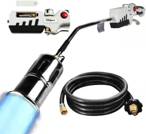 Propane Weed Burner Torch Kit With Battery Igniter 10’ Adapter Hose & Stand CSA Certify Flame Thrower for Weeds Burning Blow Torch Gun Ice Melting Asphalt Roofing Fire Charcoal Lighter 20 lb Fuel Tank