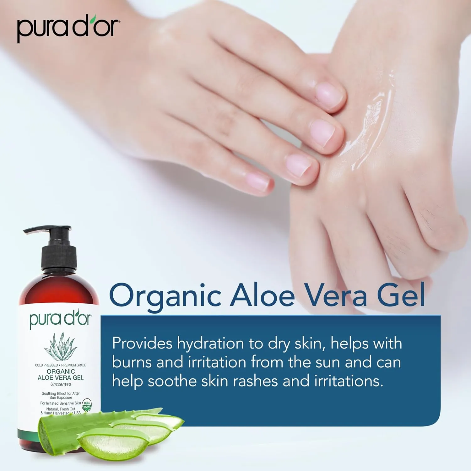 PURA D'OR 16 Oz ORGANIC Aloe Vera Gel - Unscented - All Natural - ZERO Artificial Preservatives - Deeply Hydrating & Moisturizing - Sunburn, Bug Bites, Rashes, Small Cuts, Eczema Relief - Skin & Hair