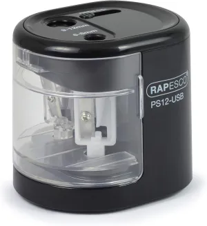 Rapesco 1449 Dual Hole Electric Pencil Sharpener with 6-8mm and 9-12mm Holes for Pencils, Powered by USB Cable (Included) or AA Batteries (not Included), Model PS12-USB