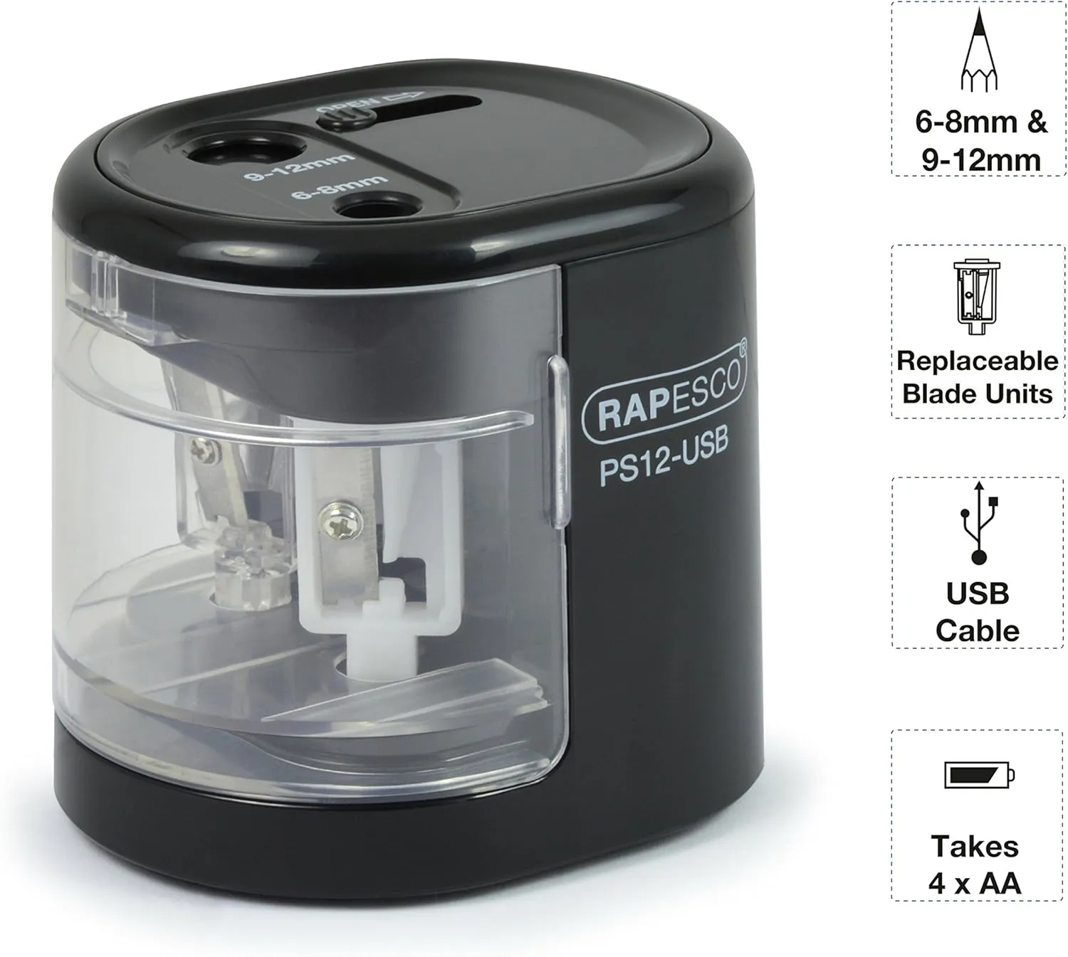 Rapesco 1449 Dual Hole Electric Pencil Sharpener with 6-8mm and 9-12mm Holes for Pencils, Powered by USB Cable (Included) or AA Batteries (not Included), Model PS12-USB