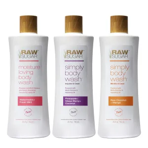 RAW SUGAR Simply Body Wash Variety Trio (25 Fl Oz, Pack of 3) Vegan Bath & Shower Gel, Raw Coconut   Mango, Pineapple   Maqui Berry   Coconut and Watermelon   Fresh Mint, No Sulfates & Parabens