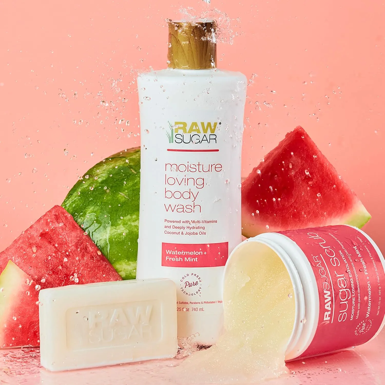 RAW SUGAR Simply Body Wash Variety Trio (25 Fl Oz, Pack of 3) Vegan Bath & Shower Gel, Raw Coconut   Mango, Pineapple   Maqui Berry   Coconut and Watermelon   Fresh Mint, No Sulfates & Parabens