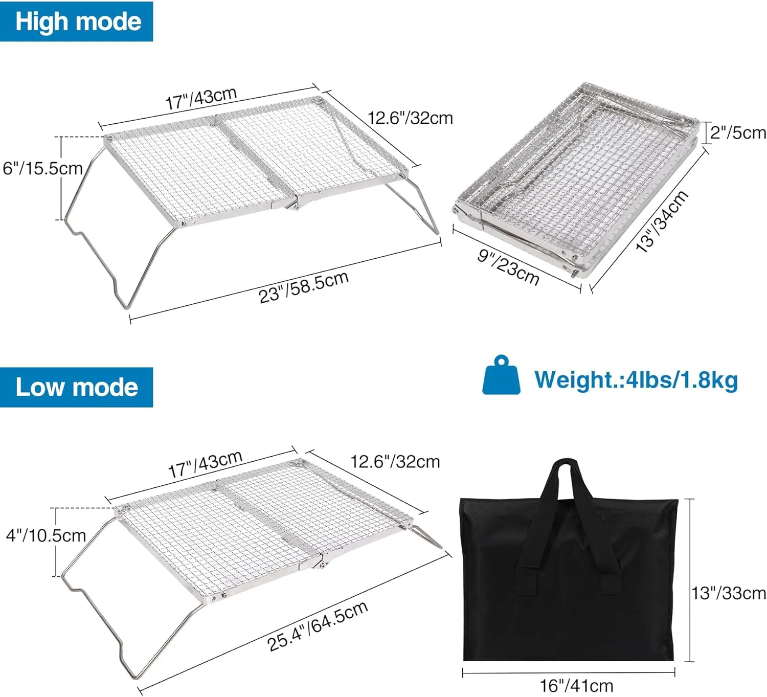 REDCAMP 17" Large Folding Campfire Grill with Mesh, 304 Stainless Steel Grate, Heavy Duty Portable Camping Grill with Carrying Bag for Outdoor Cooking BBQ