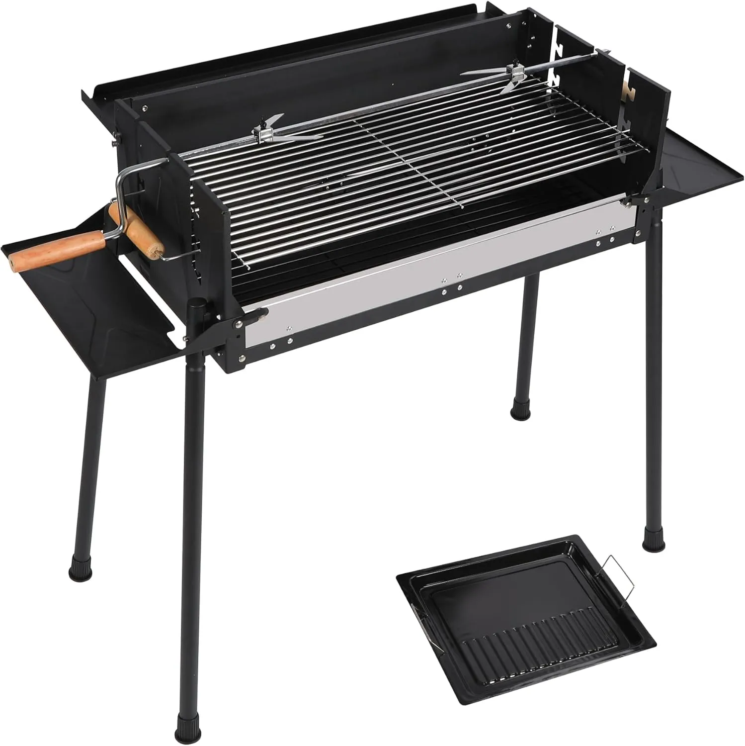 REDCAMP Portable Charcoal Grill, Foldable BBQ Grill with Rotatable Roast Chicken Rack & Baking Pan, Camping Barbecue Kabob Grill for Picnic Backyard Party Outdoor Cooking